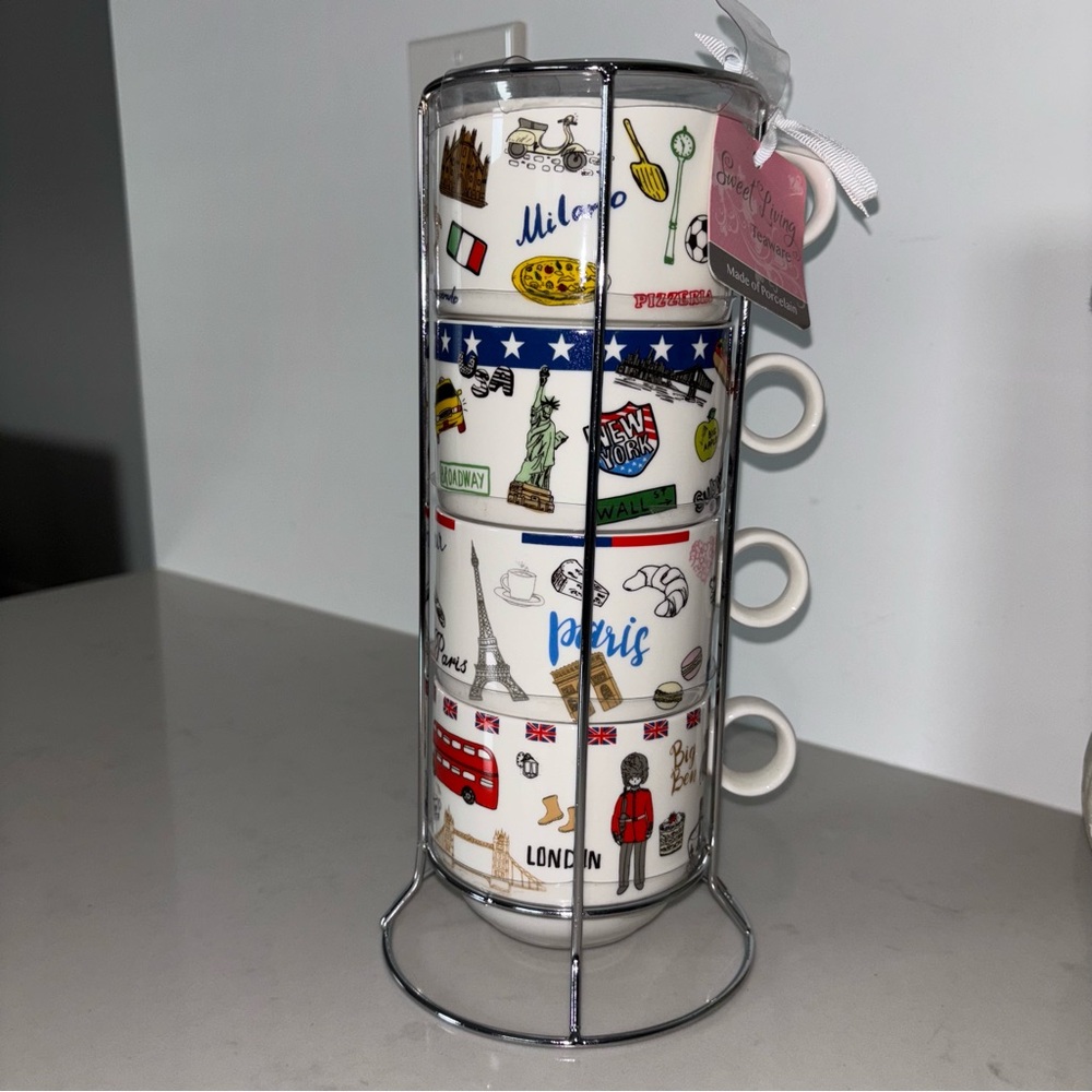 Stackable City Landmark tea coffee Cups porcelain set Italy , NYC, Paris, London